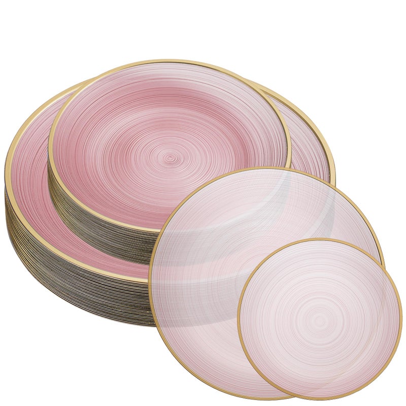 PLASTICPRO 32 Pieces Crystal Design Plastic Plates Combo Pack 7 inch and 10 inch Gold Rim Elegant Disposable Plates Transparent Pink